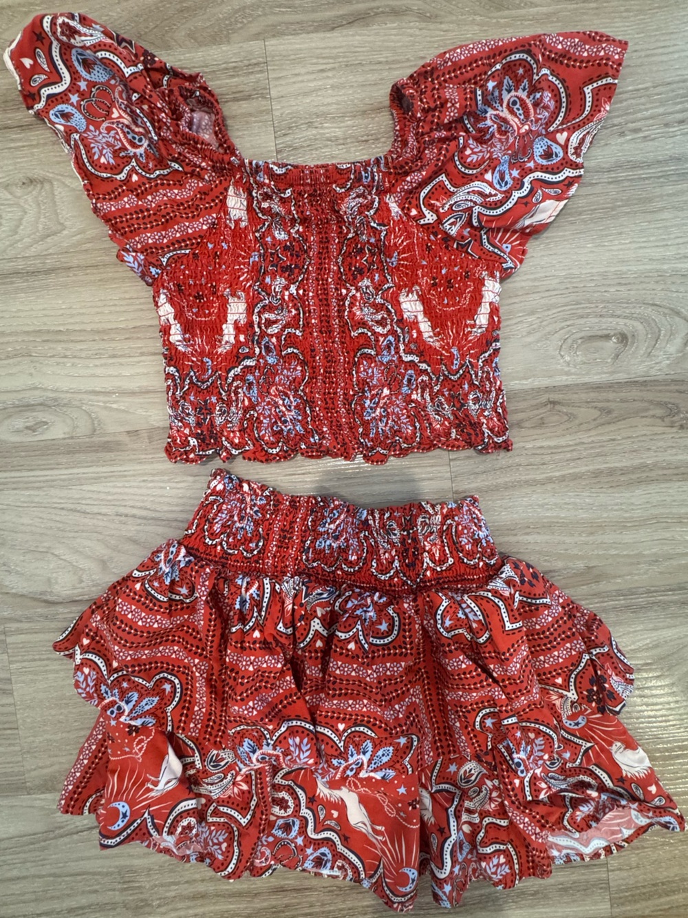 Girl’s Size 8/10 2-piece Red  Paisley Boho Top & Skirt vacation beach outfit